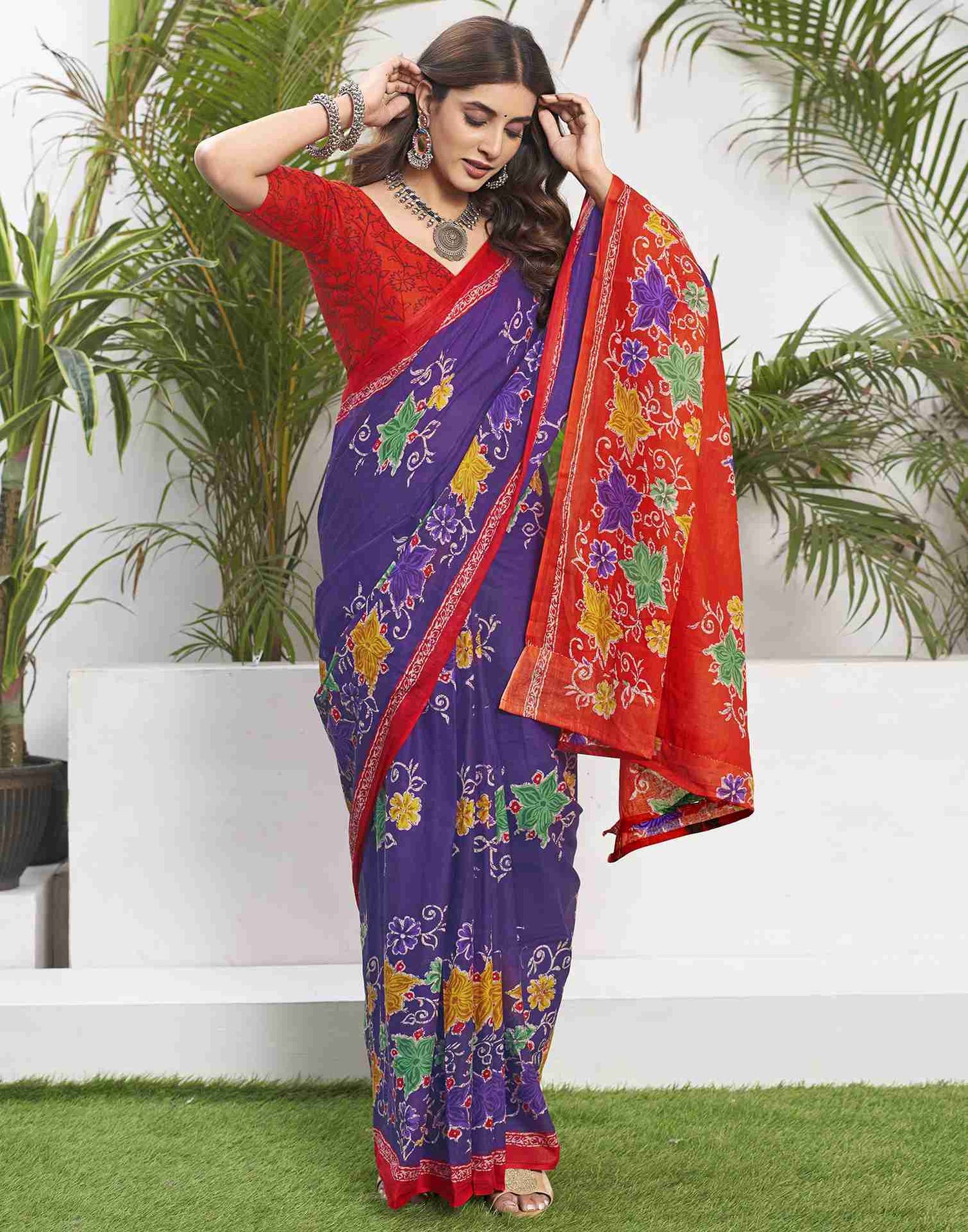 Violet Cotton Printed Saree