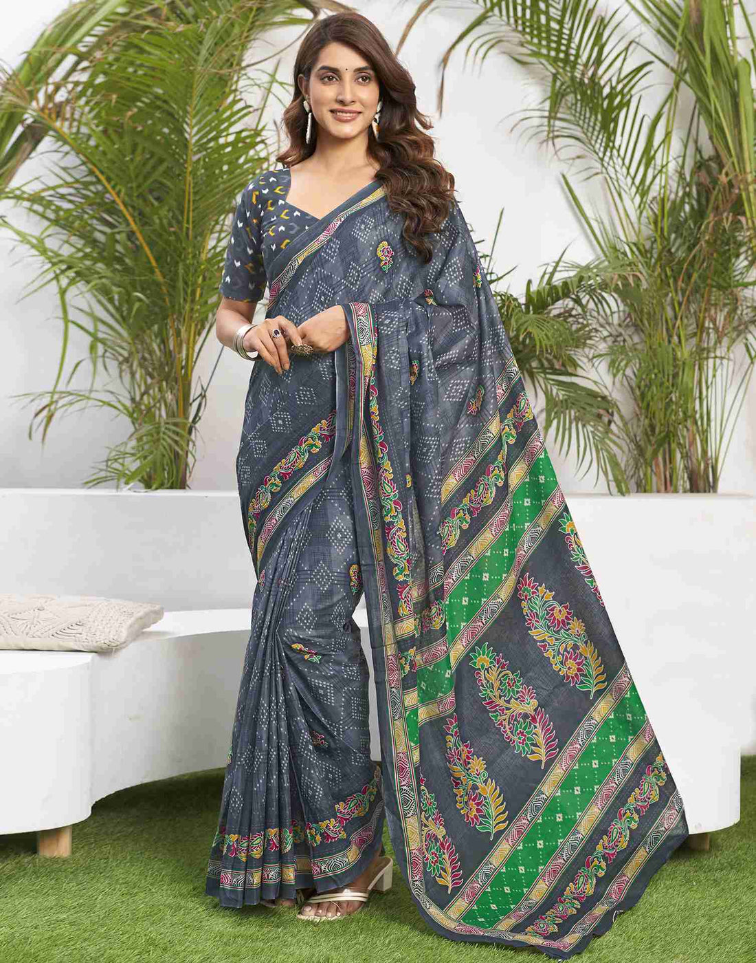 Steel Grey Cotton Printed Saree