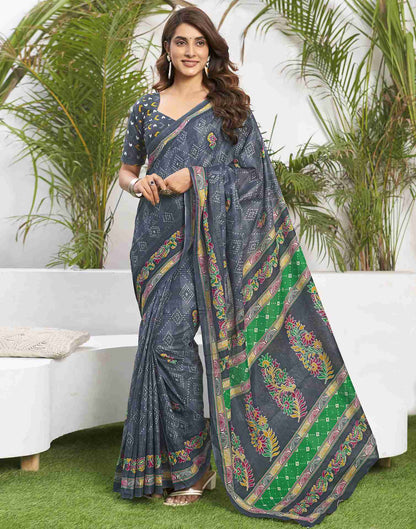 Steel Grey Cotton Printed Saree