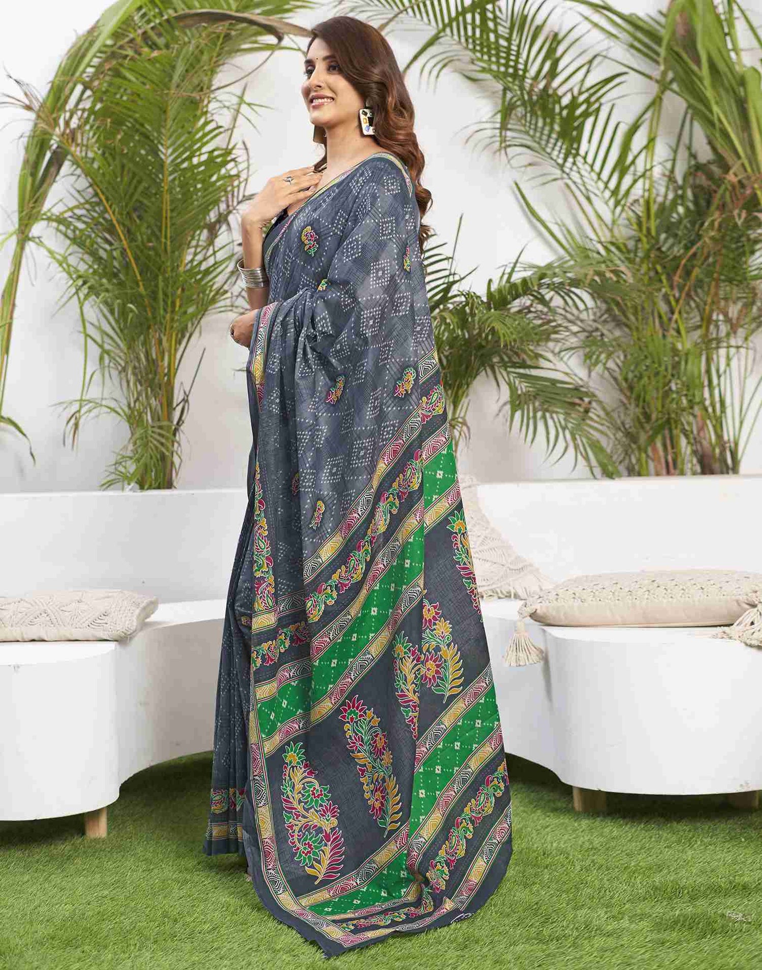 Steel Grey Cotton Printed Saree