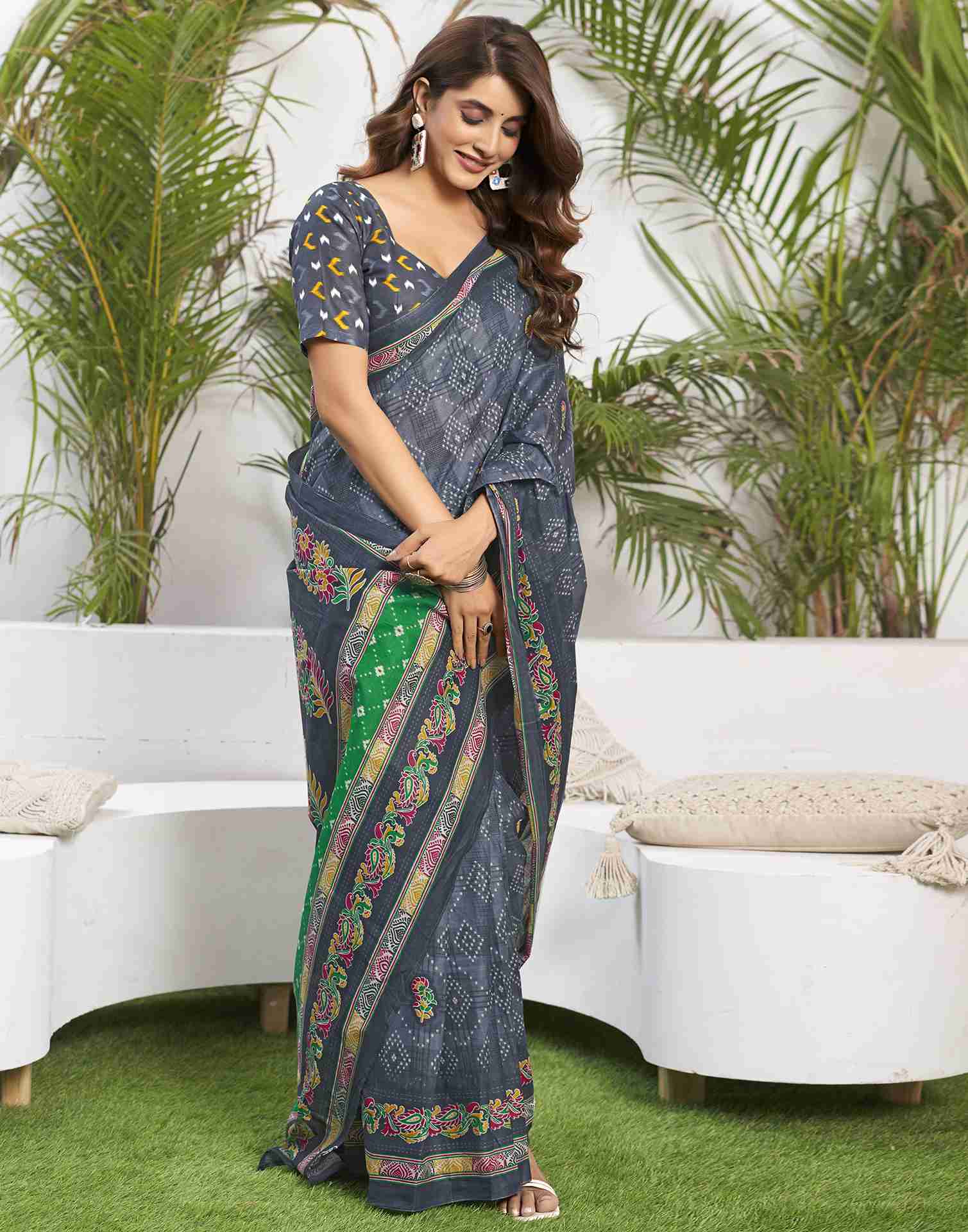 Steel Grey Cotton Printed Saree