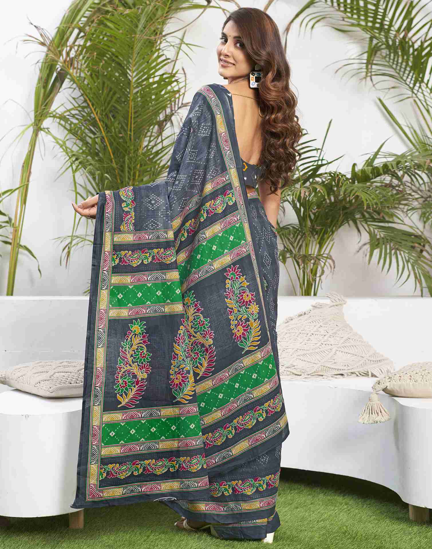 Steel Grey Cotton Printed Saree