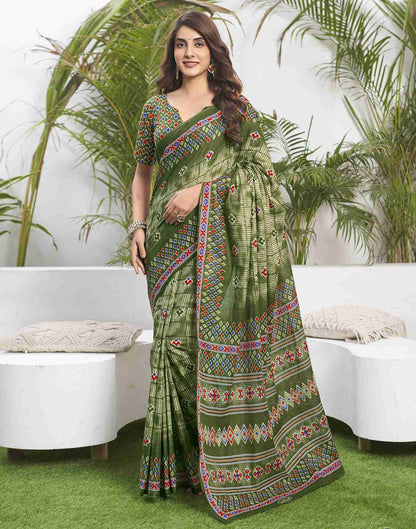 Olive Green Cotton Printed Saree