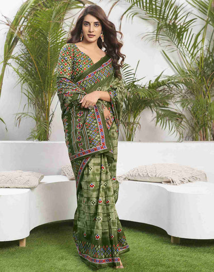 Olive Green Cotton Printed Saree