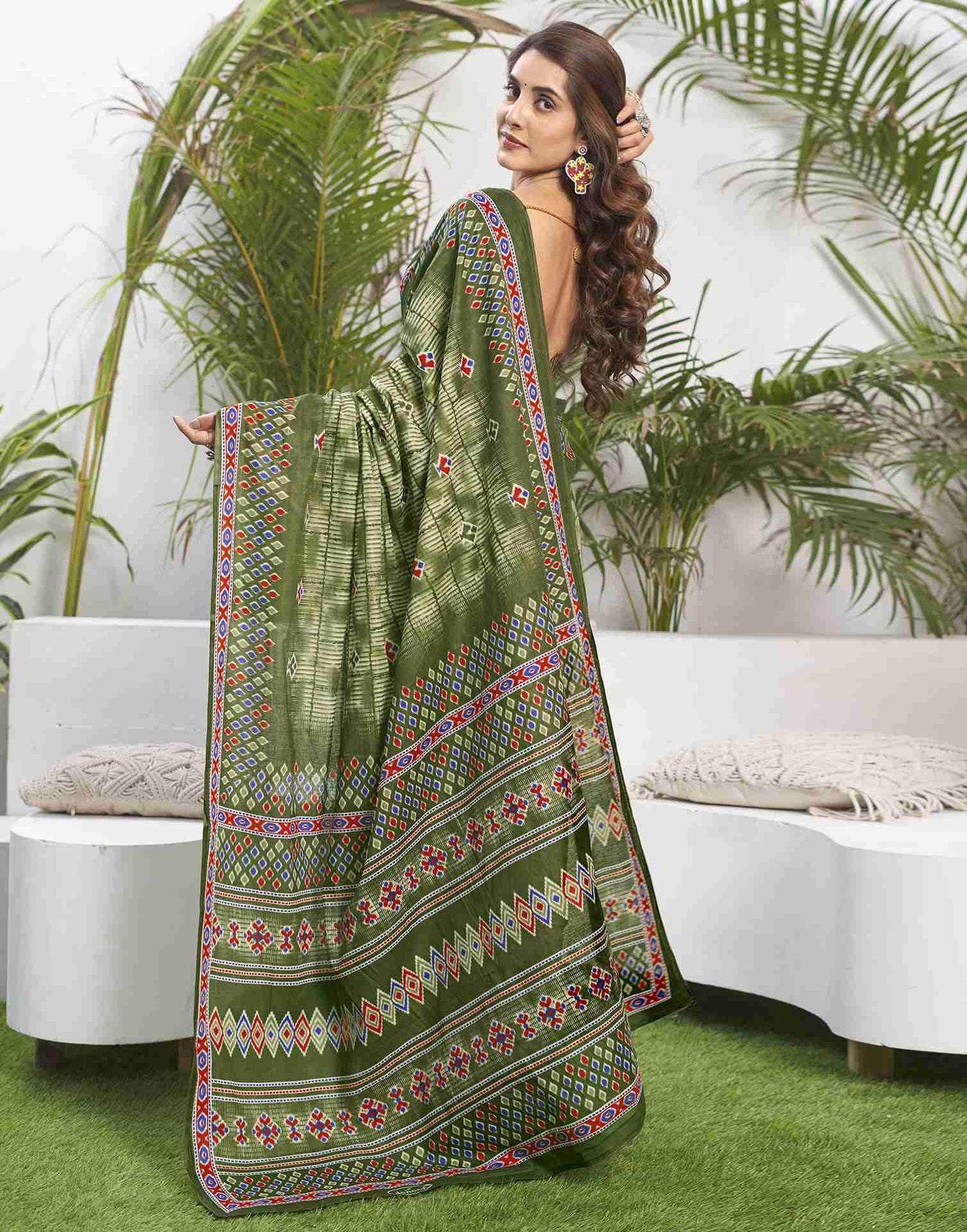 Olive Green Cotton Printed Saree