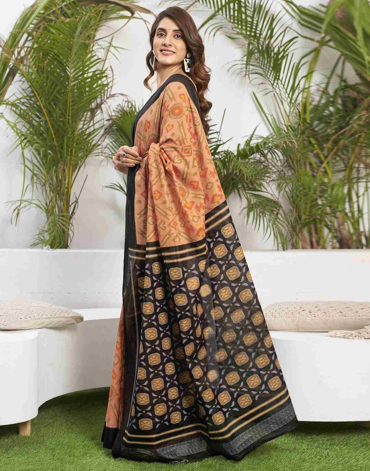 Dusty Orange Cotton Printed Saree