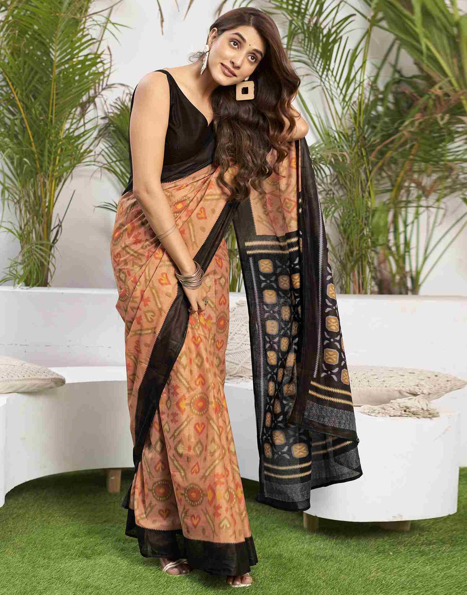 Dusty Orange Cotton Printed Saree