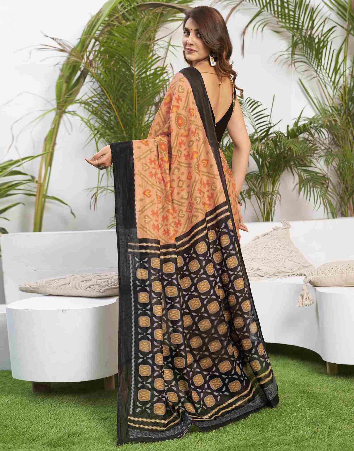 Dusty Orange Cotton Printed Saree