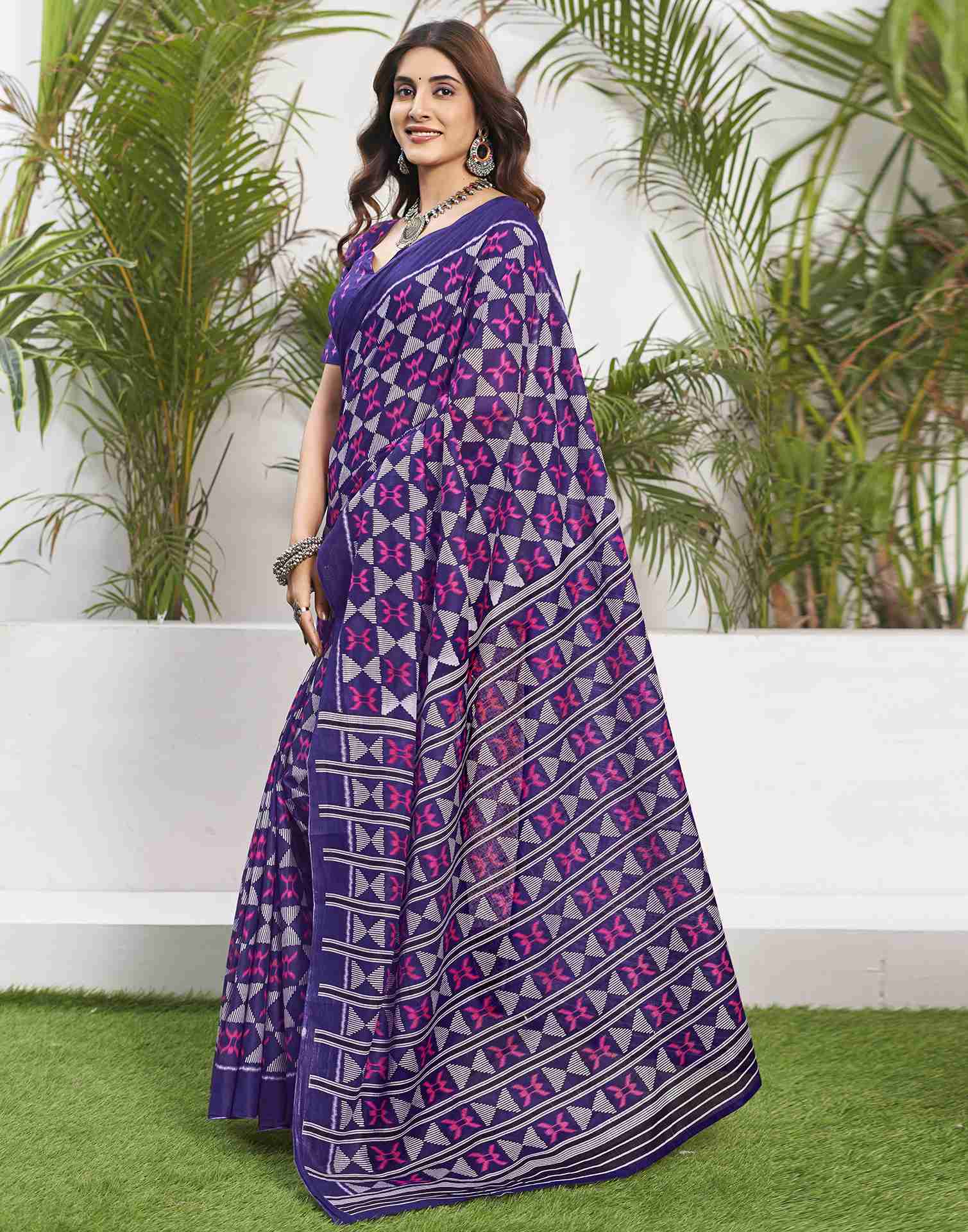 Violet Cotton Printed Saree