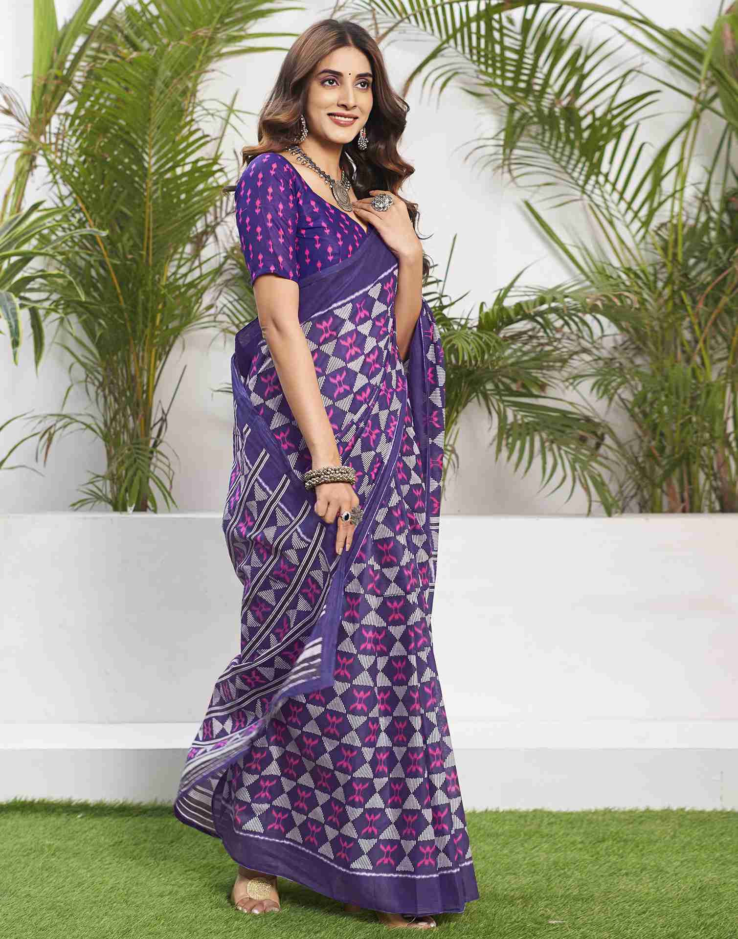 Violet Cotton Printed Saree