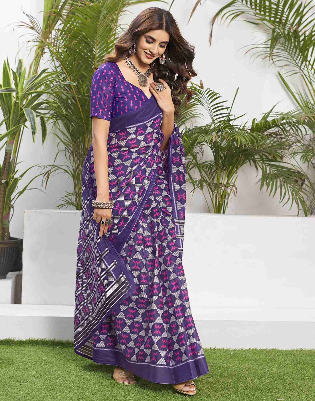 Violet Cotton Printed Saree