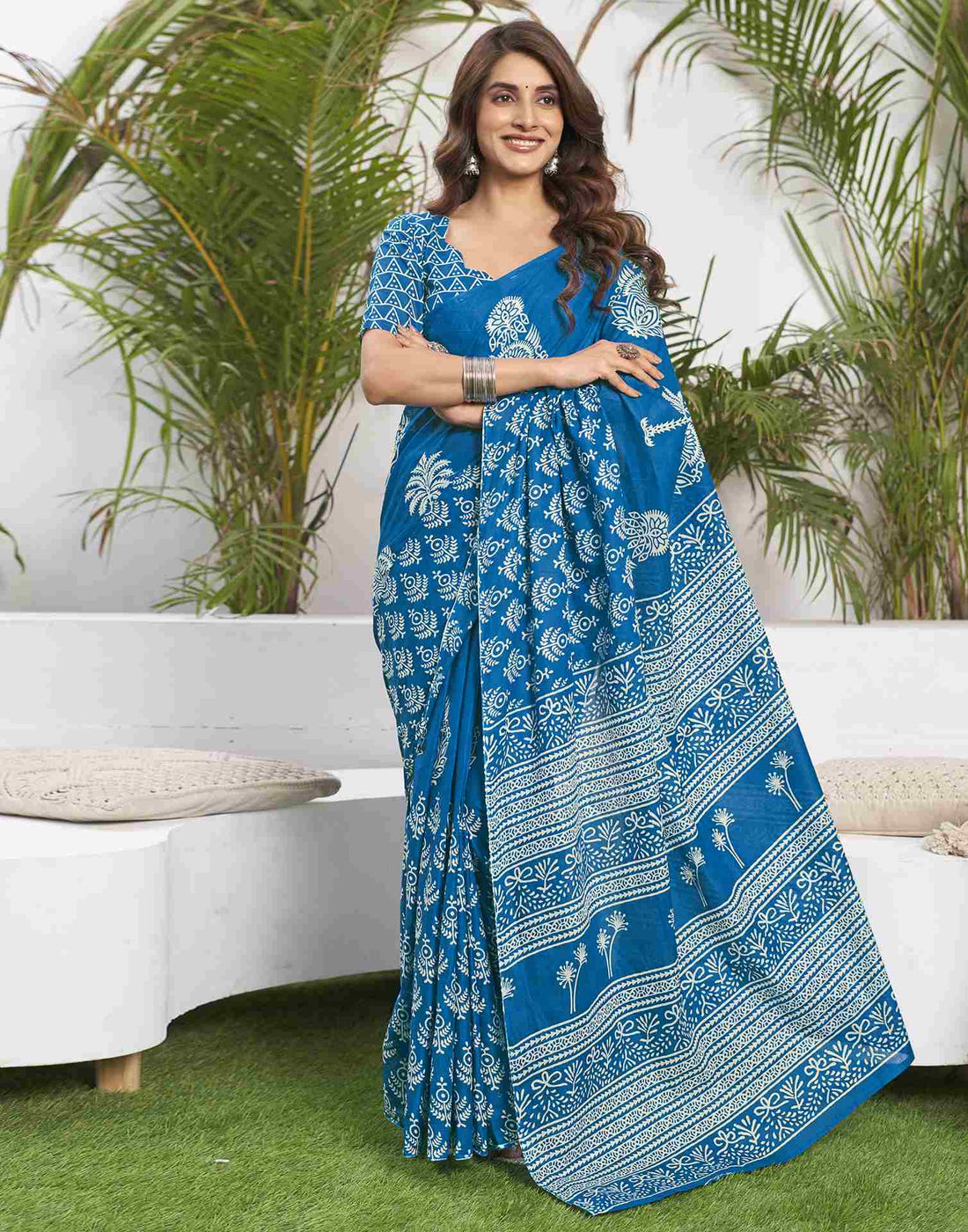 Blue Cotton Printed Saree