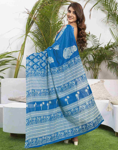 Blue Cotton Printed Saree