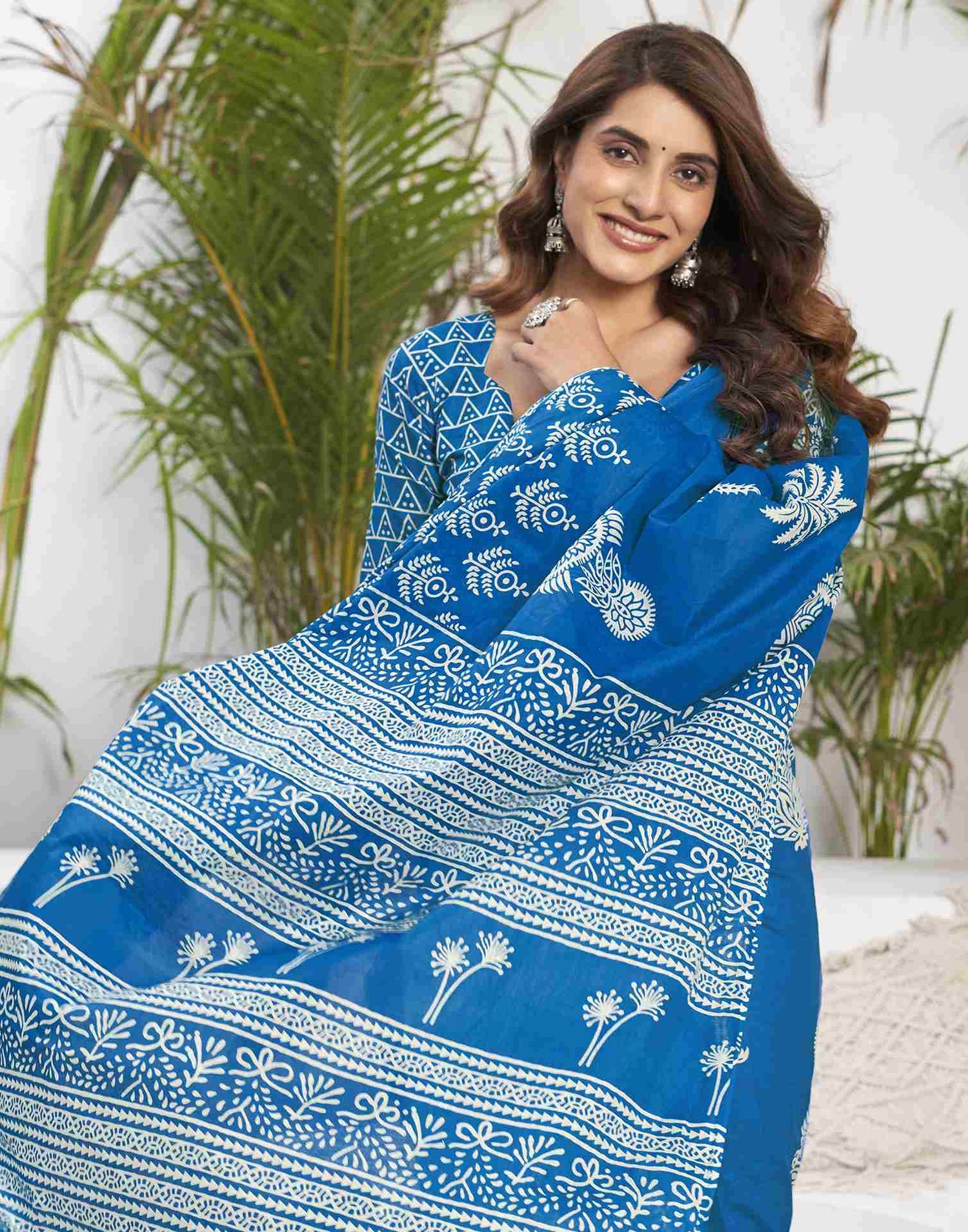 Blue Cotton Printed Saree