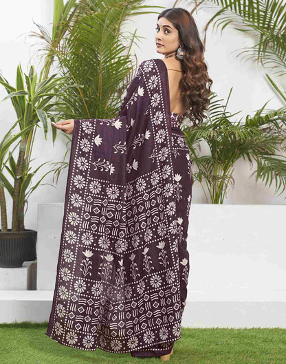 Wine Cotton Printed Saree