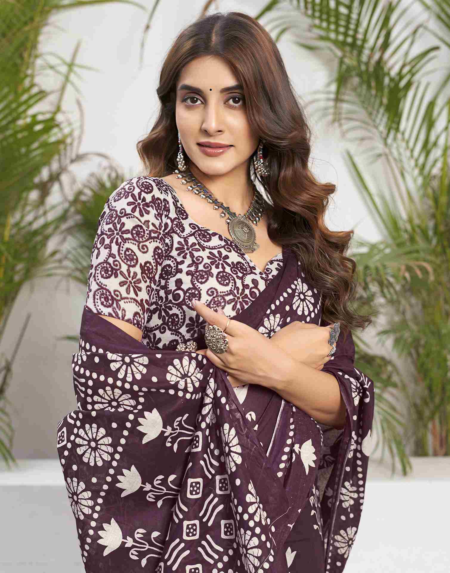 Wine Cotton Printed Saree