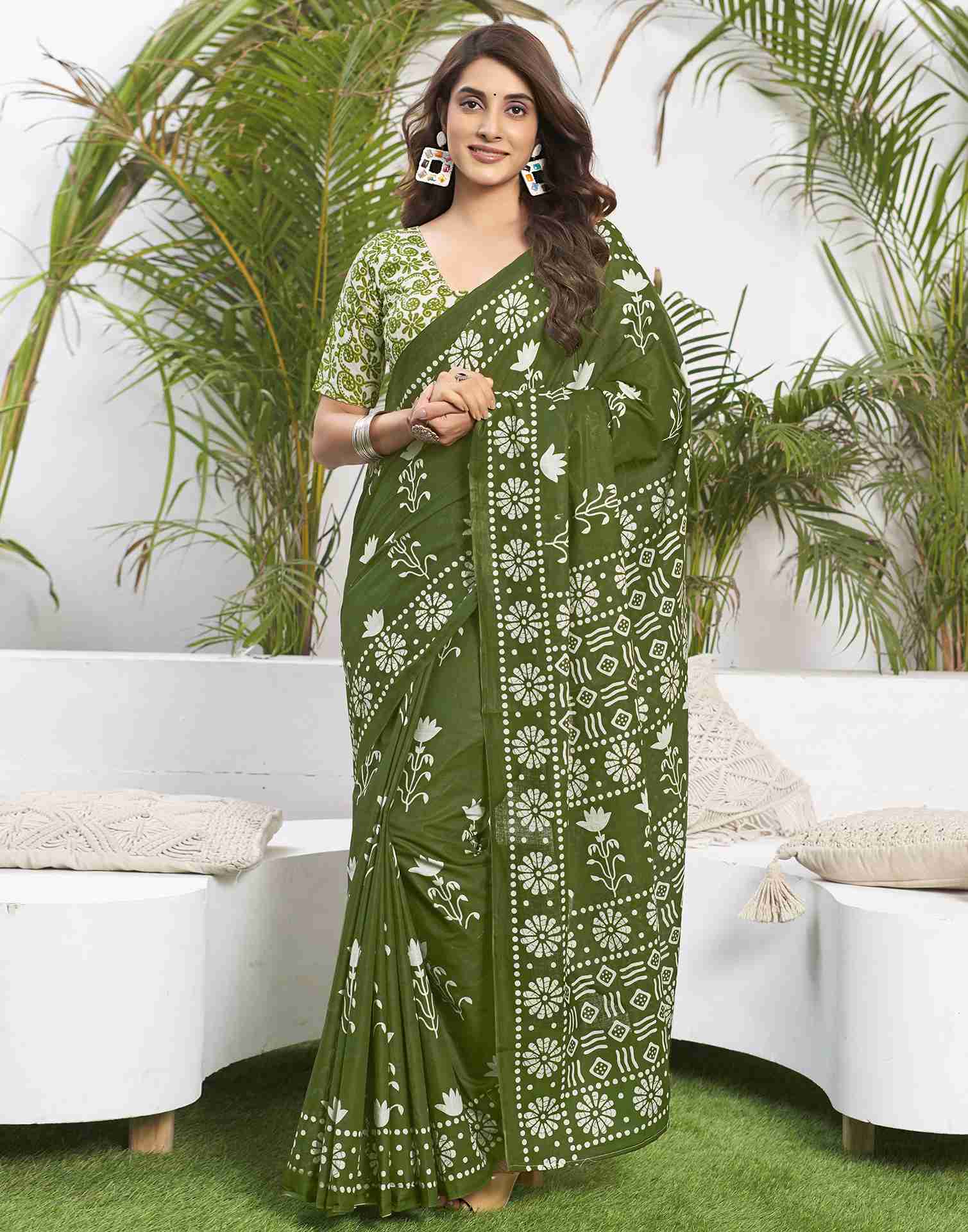 Olive Green Cotton Printed Saree