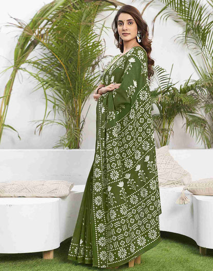 Olive Green Cotton Printed Saree