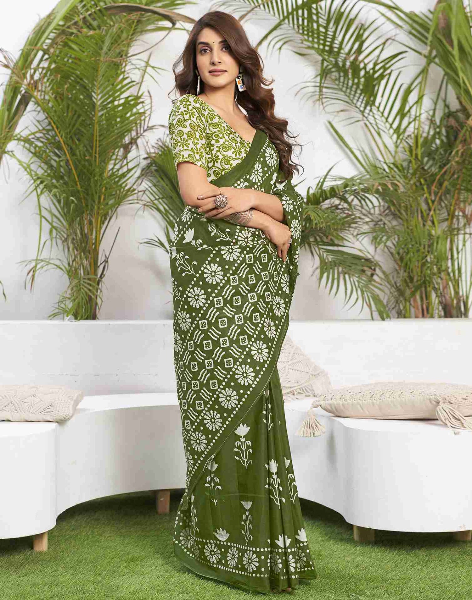 Olive Green Cotton Printed Saree