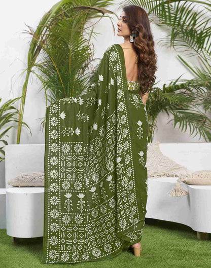 Olive Green Cotton Printed Saree