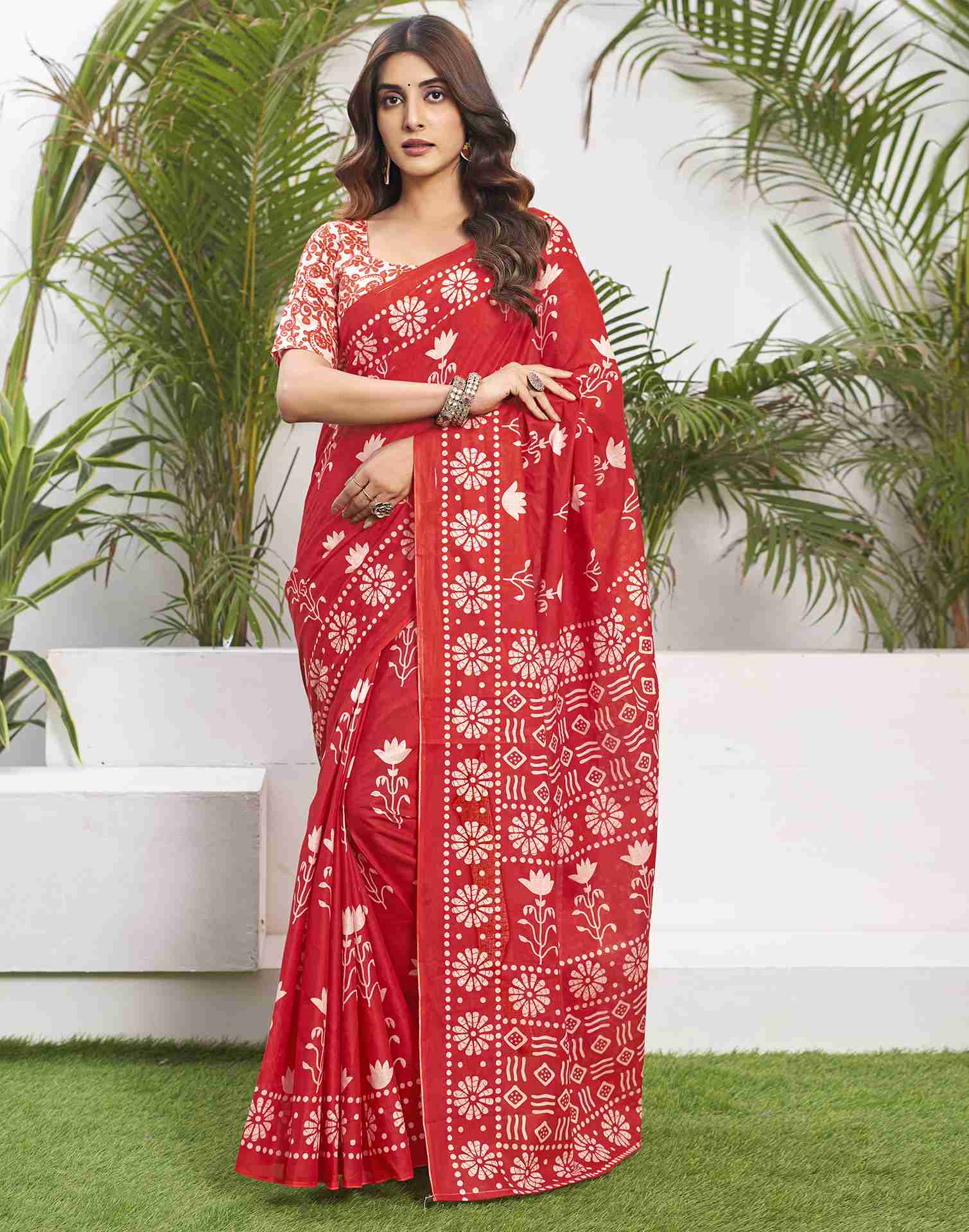 Red Cotton Printed Saree