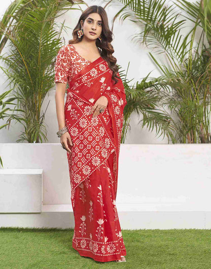 Red Cotton Printed Saree