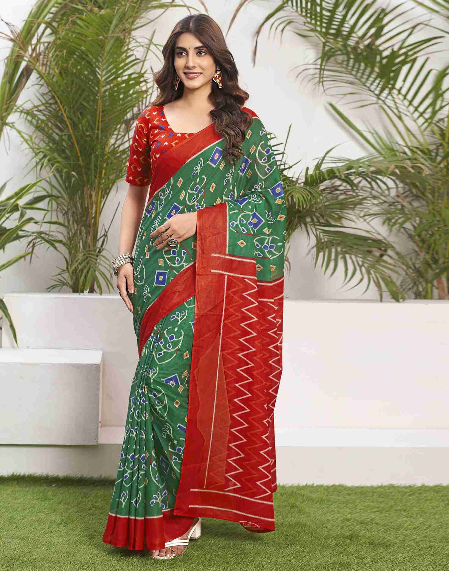 Bottle Green Cotton Geometric Printed Saree