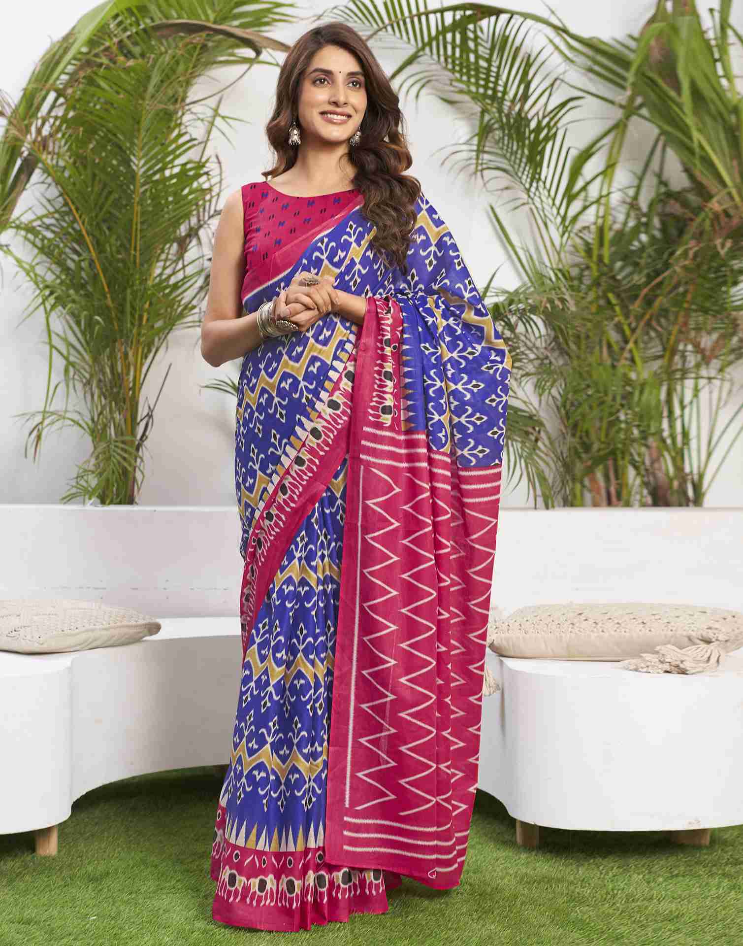 Dark Blue Cotton Geometric Printed Saree