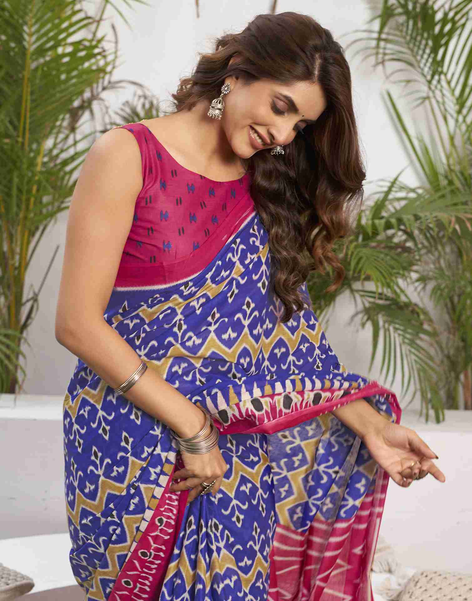 Dark Blue Cotton Geometric Printed Saree