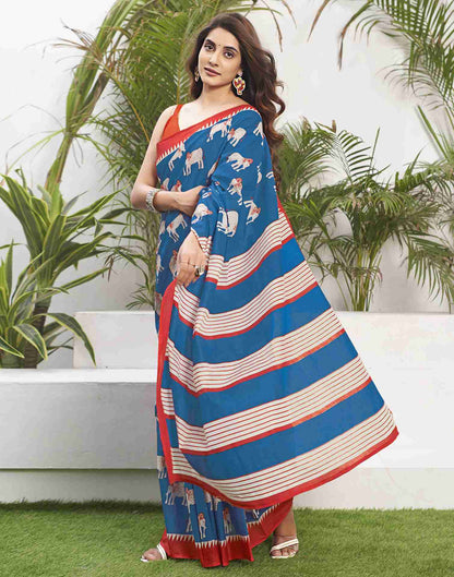 Blue Cotton Geometric Printed Saree