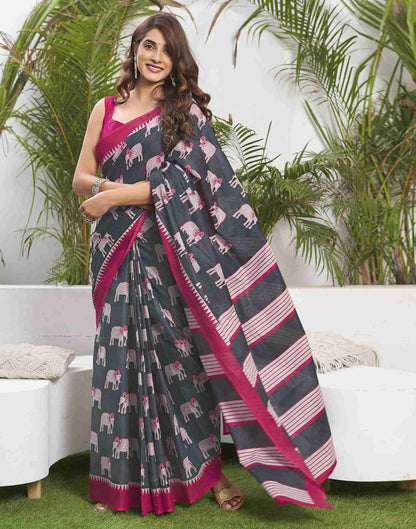 Grey Cotton Geometric Printed Saree