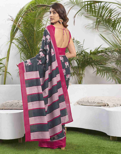 Grey Cotton Geometric Printed Saree