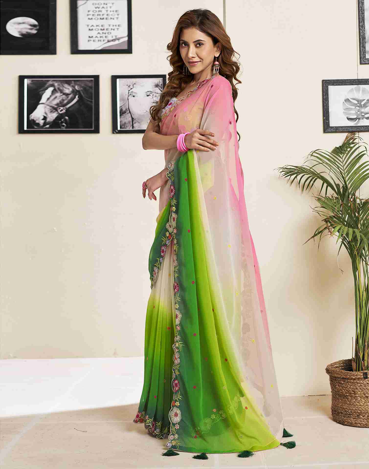 Green Georgette Plain Embroidery Saree