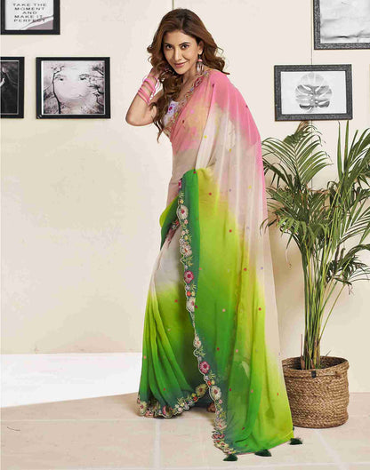 Green Georgette Plain Embroidery Saree