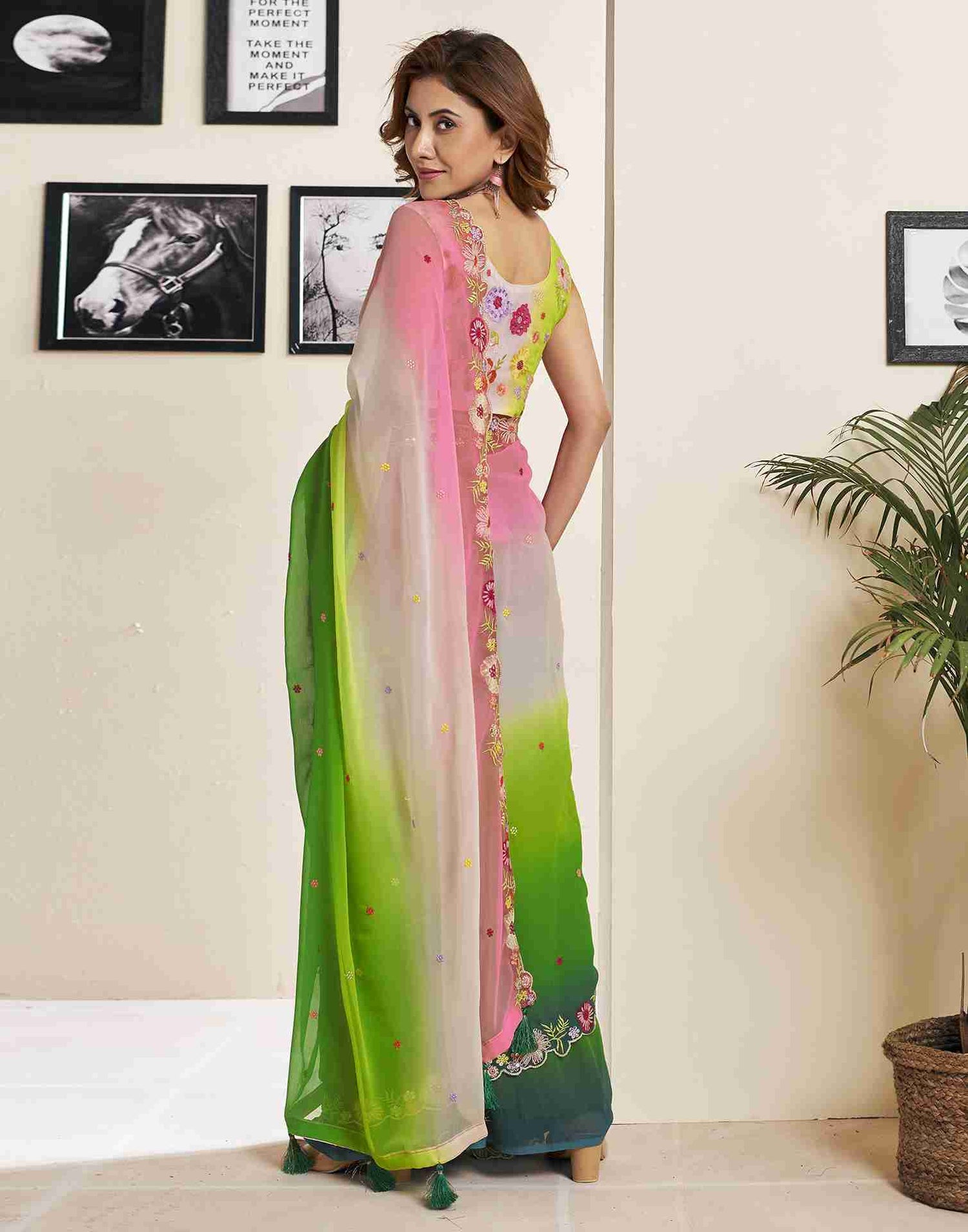 Green Georgette Plain Embroidery Saree