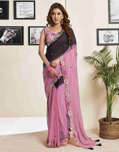 Pink Georgette Plain Embroidery Saree