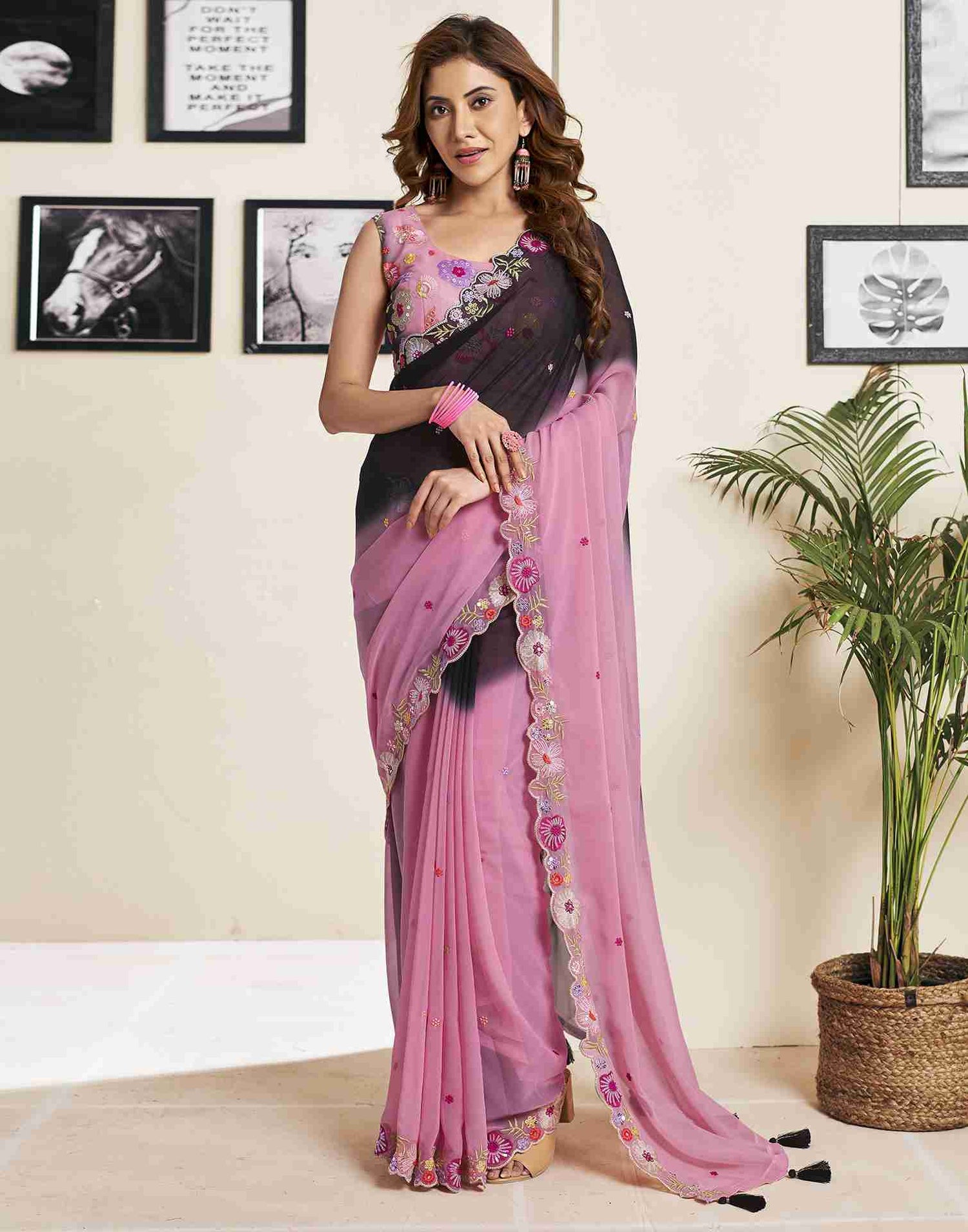 Pink Georgette Plain Embroidery Saree