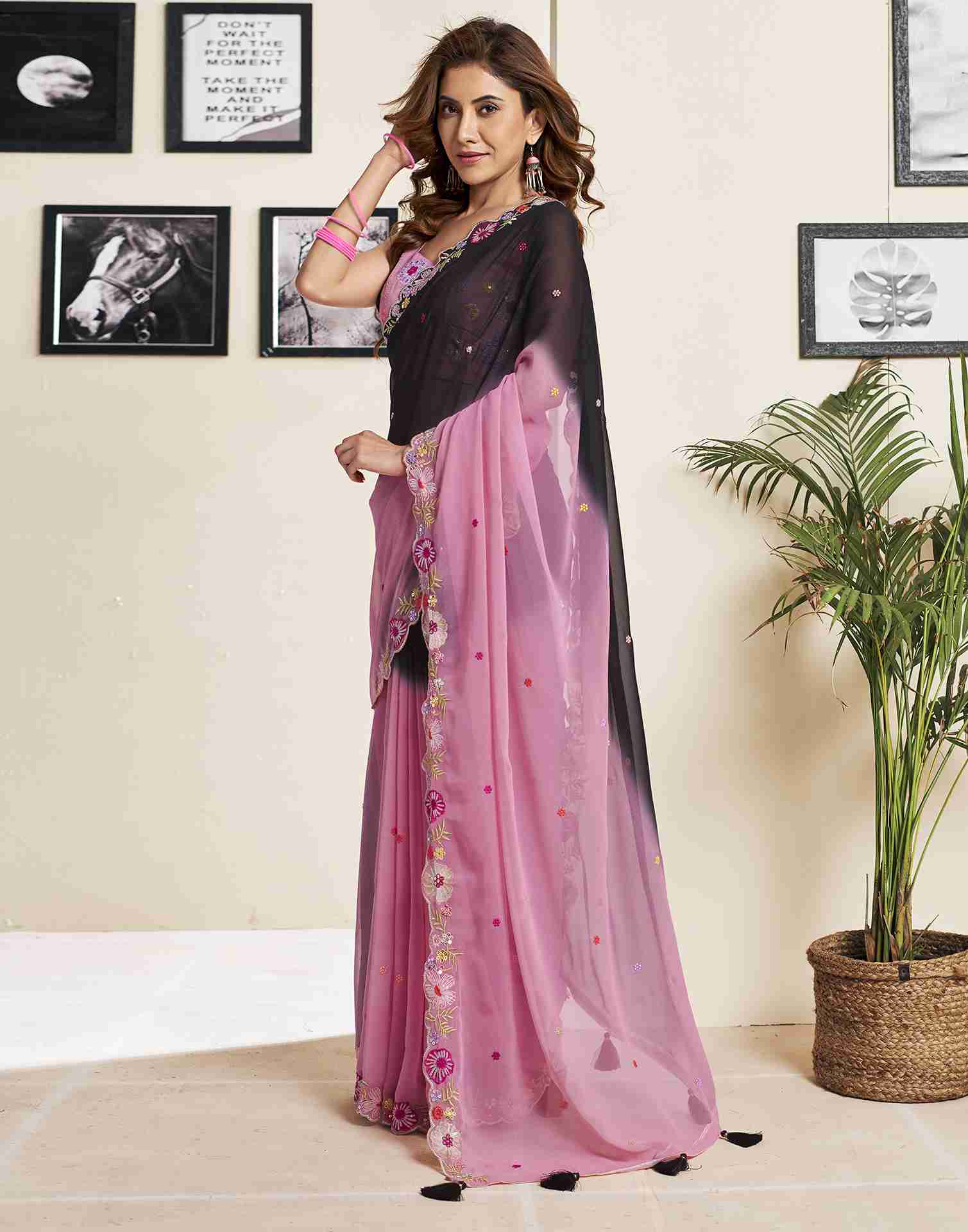 Pink Georgette Plain Embroidery Saree