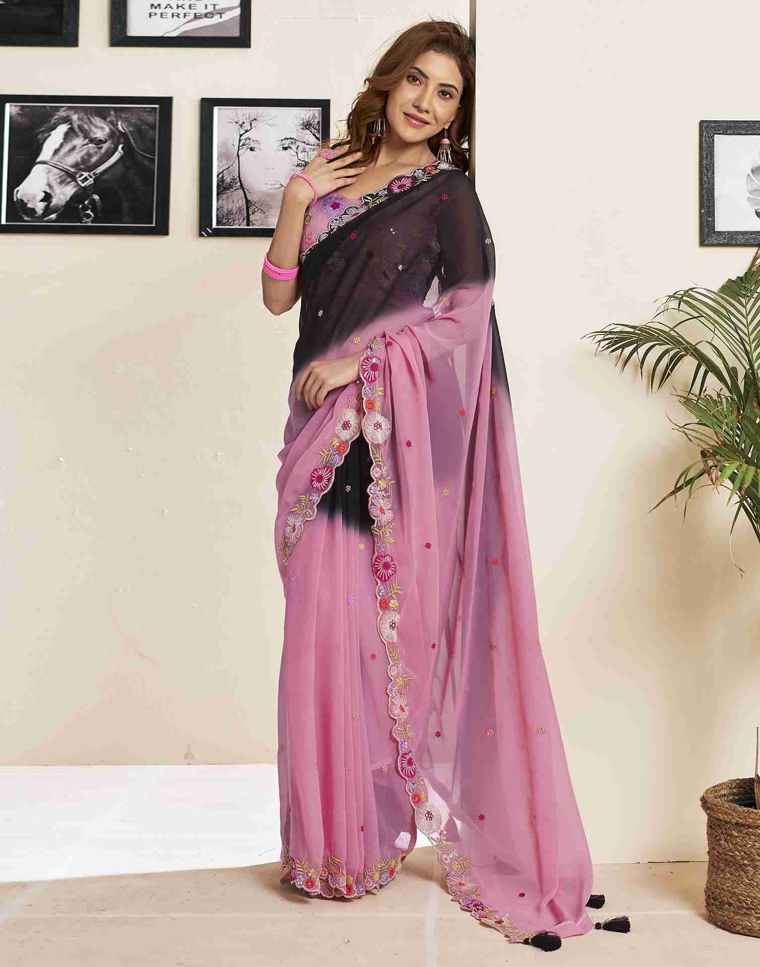 Pink Georgette Plain Embroidery Saree