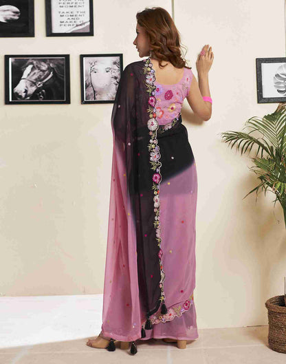 Pink Georgette Plain Embroidery Saree