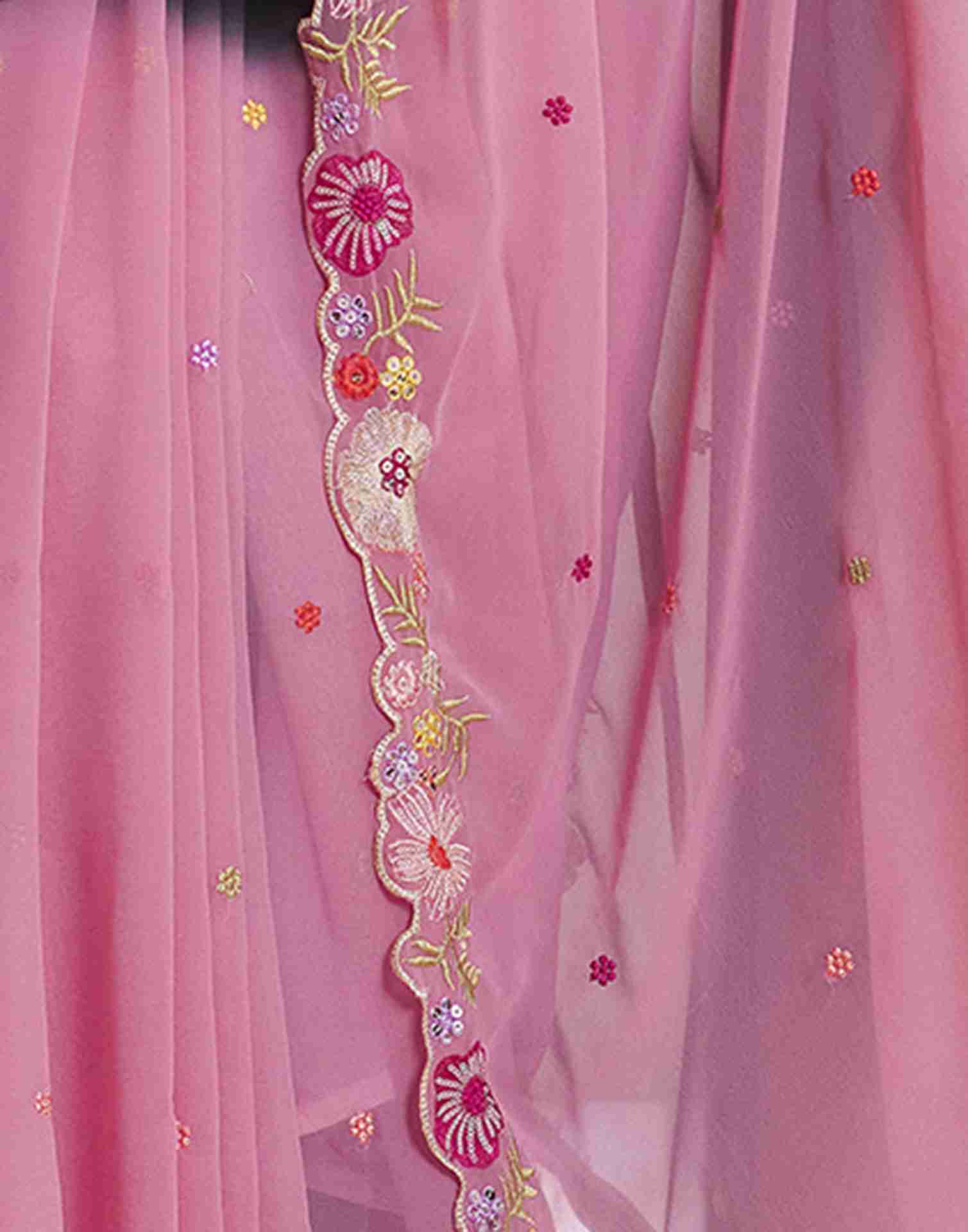 Pink Georgette Plain Embroidery Saree