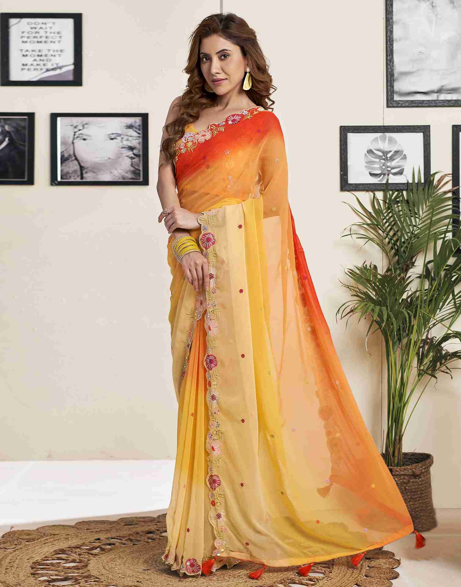 Yellow Georgette Plain Embroidery Saree