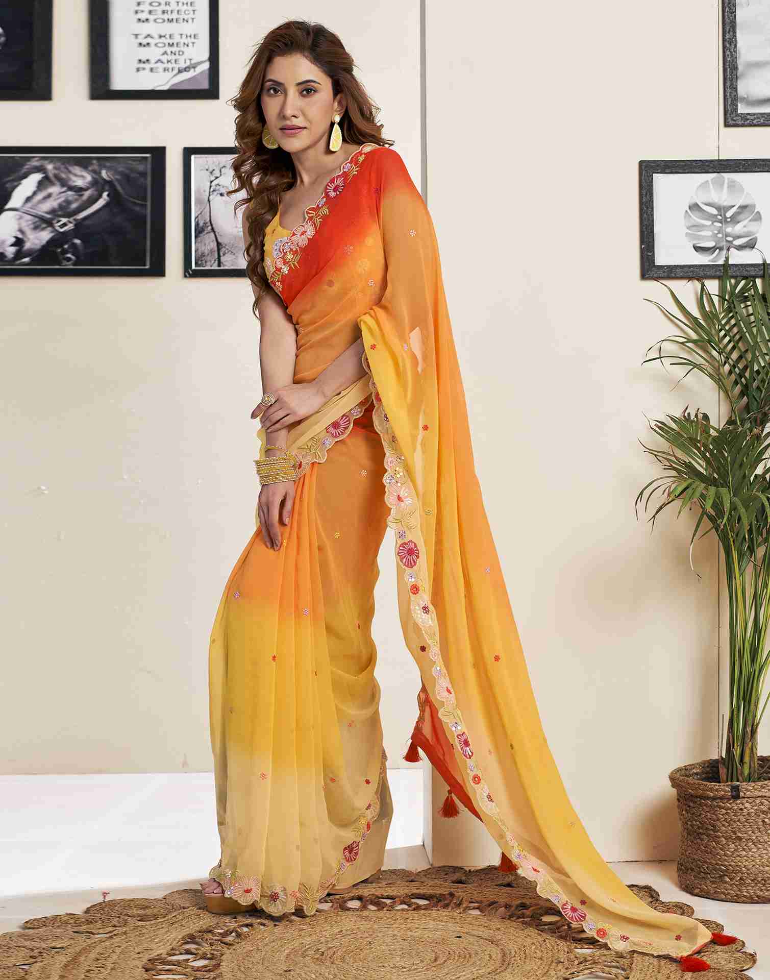 Yellow Georgette Plain Embroidery Saree