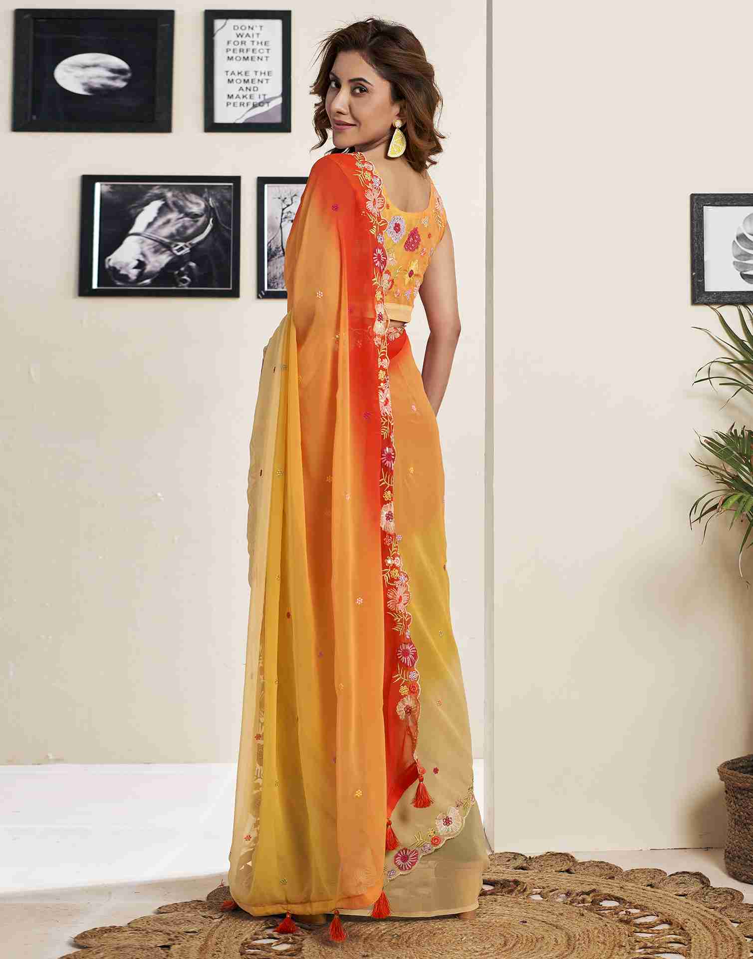 Yellow Georgette Plain Embroidery Saree