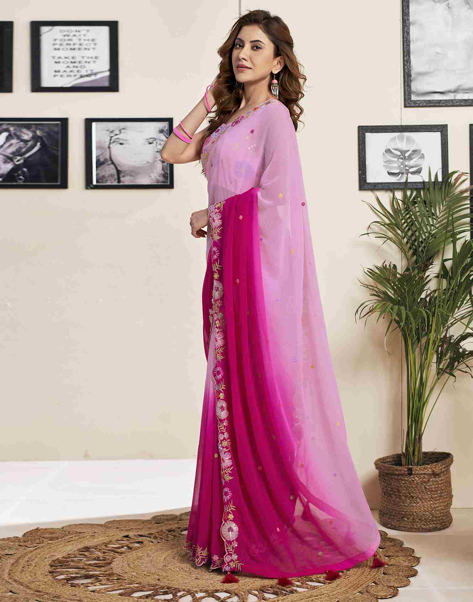 Light Pink Georgette Plain Embroidery Saree