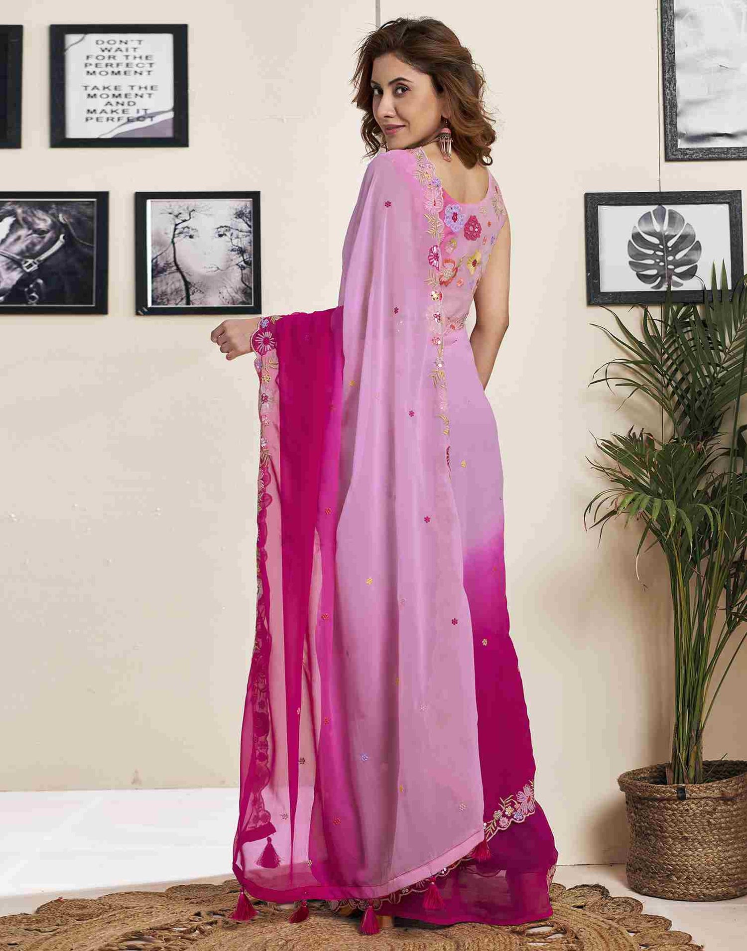 Light Pink Georgette Plain Embroidery Saree