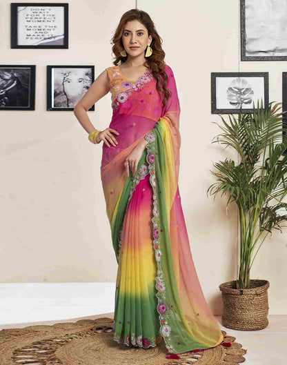 Green Georgette Plain Embroidery Saree