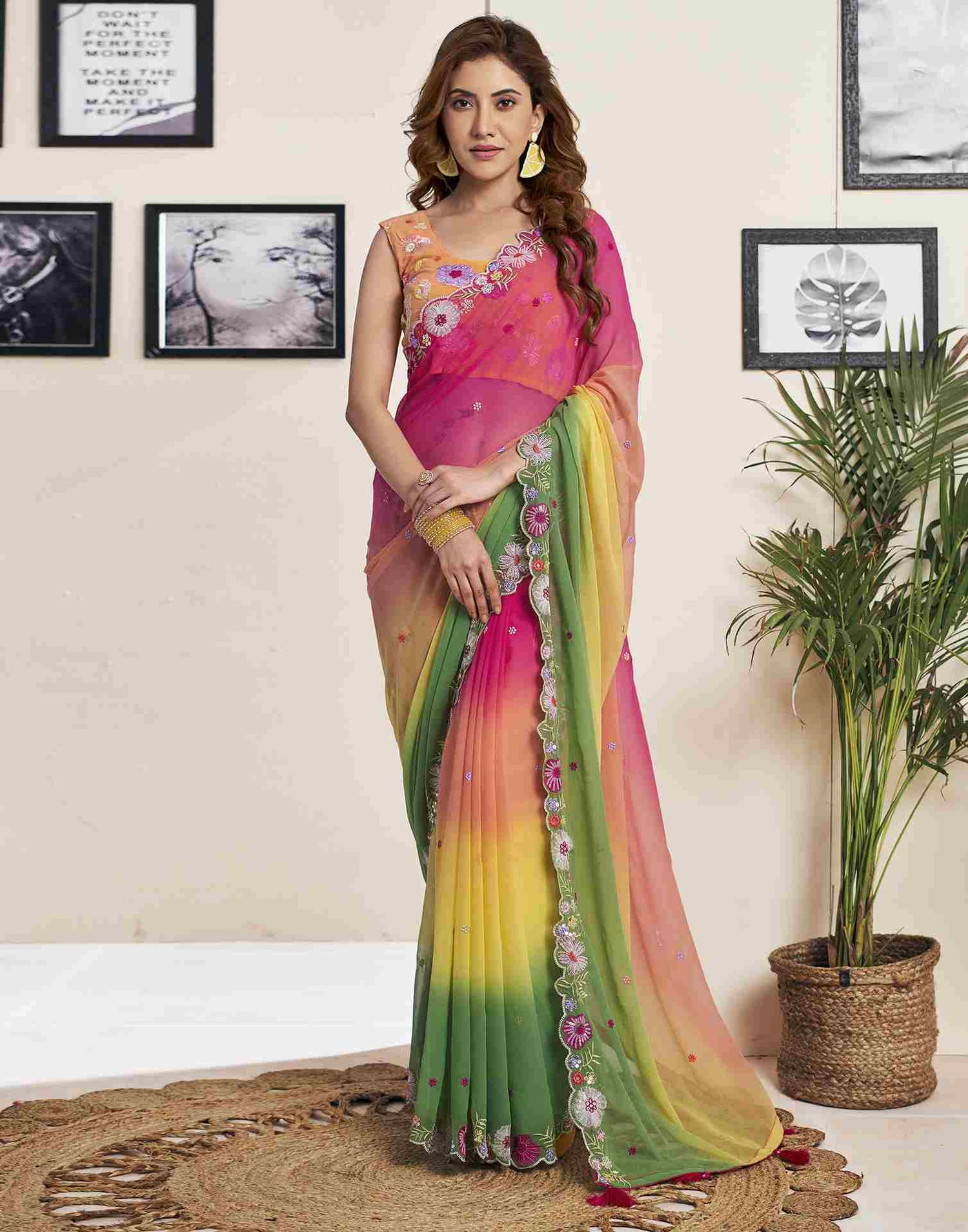 Green Georgette Plain Embroidery Saree