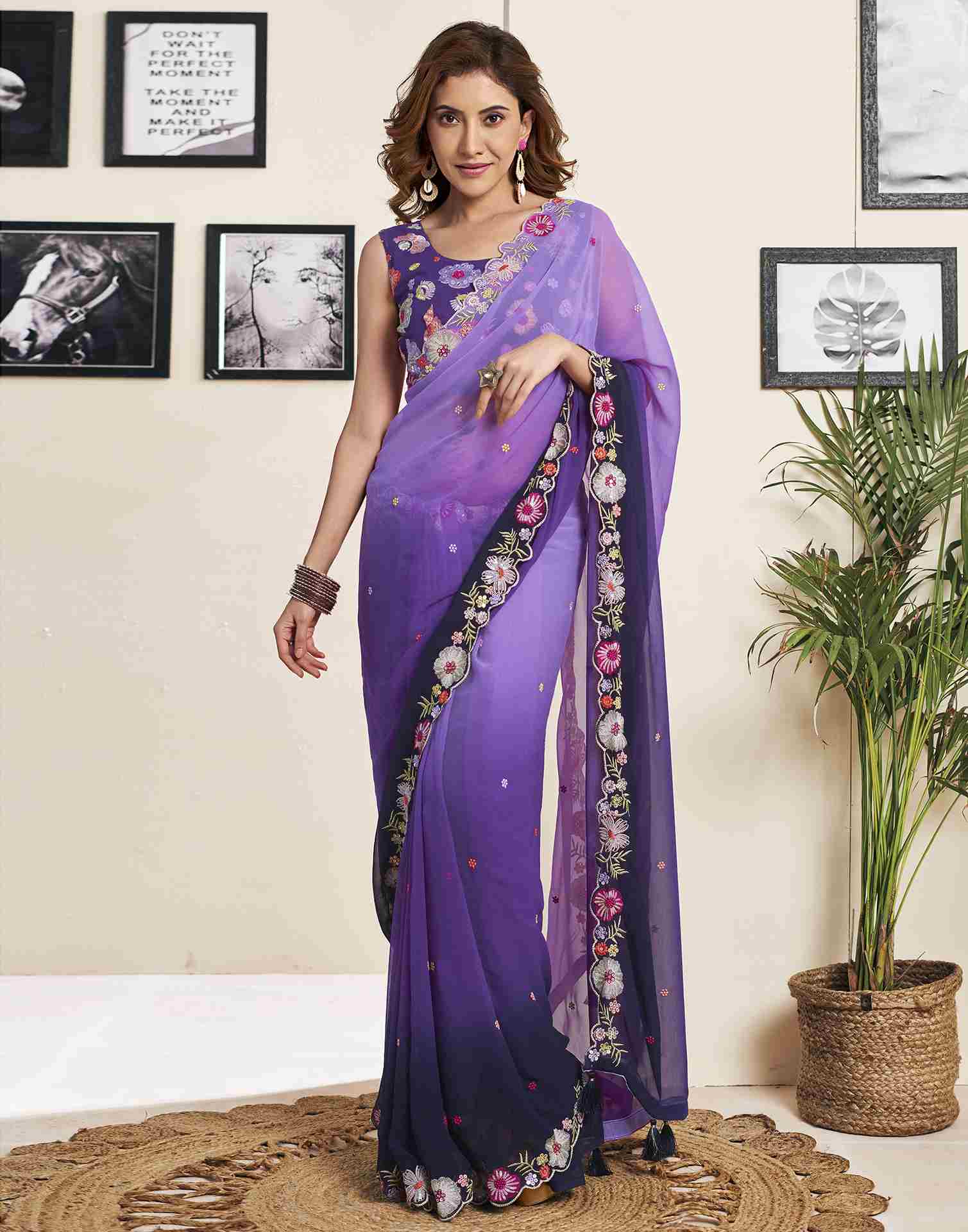 Navy Blue Georgette Plain Embroidery Saree