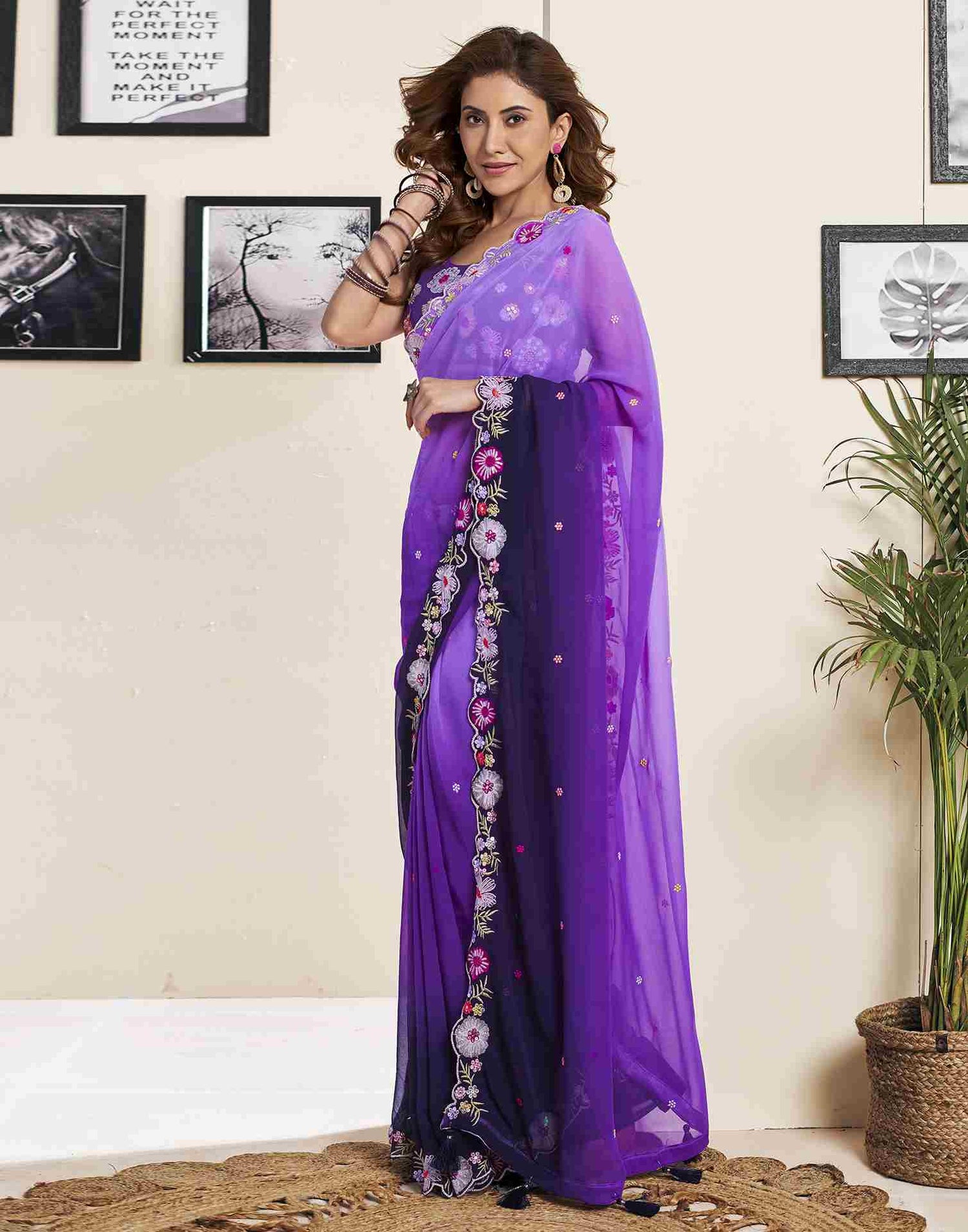 Navy Blue Georgette Plain Embroidery Saree